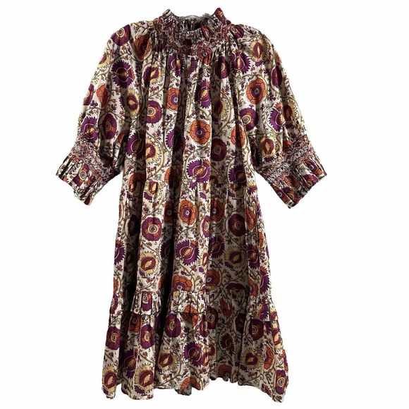 Figue Halima Sz L 100% Cotton Floral Smocked Neckline Tiered Lined Boho Dress - Picture 3 of 16